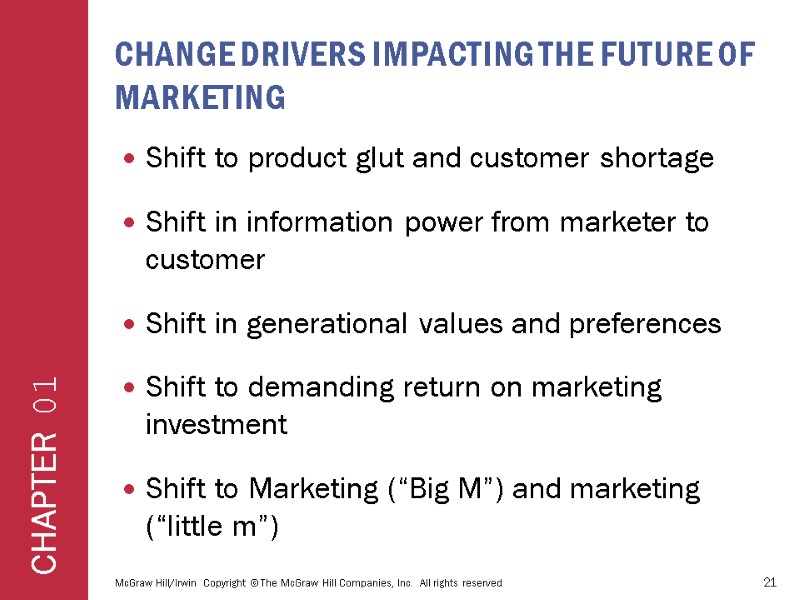 CHANGE DRIVERS IMPACTING THE FUTURE OF MARKETING Shift to product glut and customer shortage